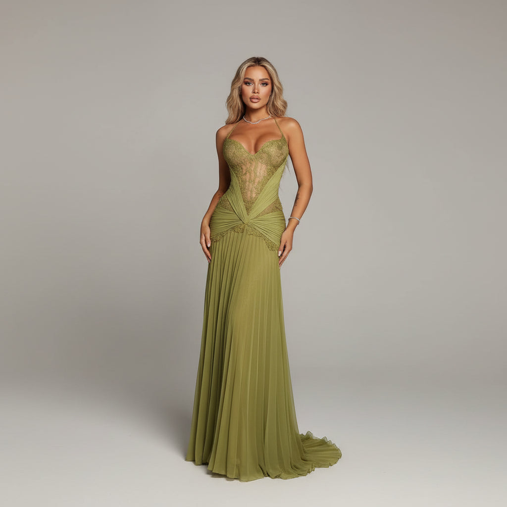 Eightree Glamorous Halter Mustard Green Gown