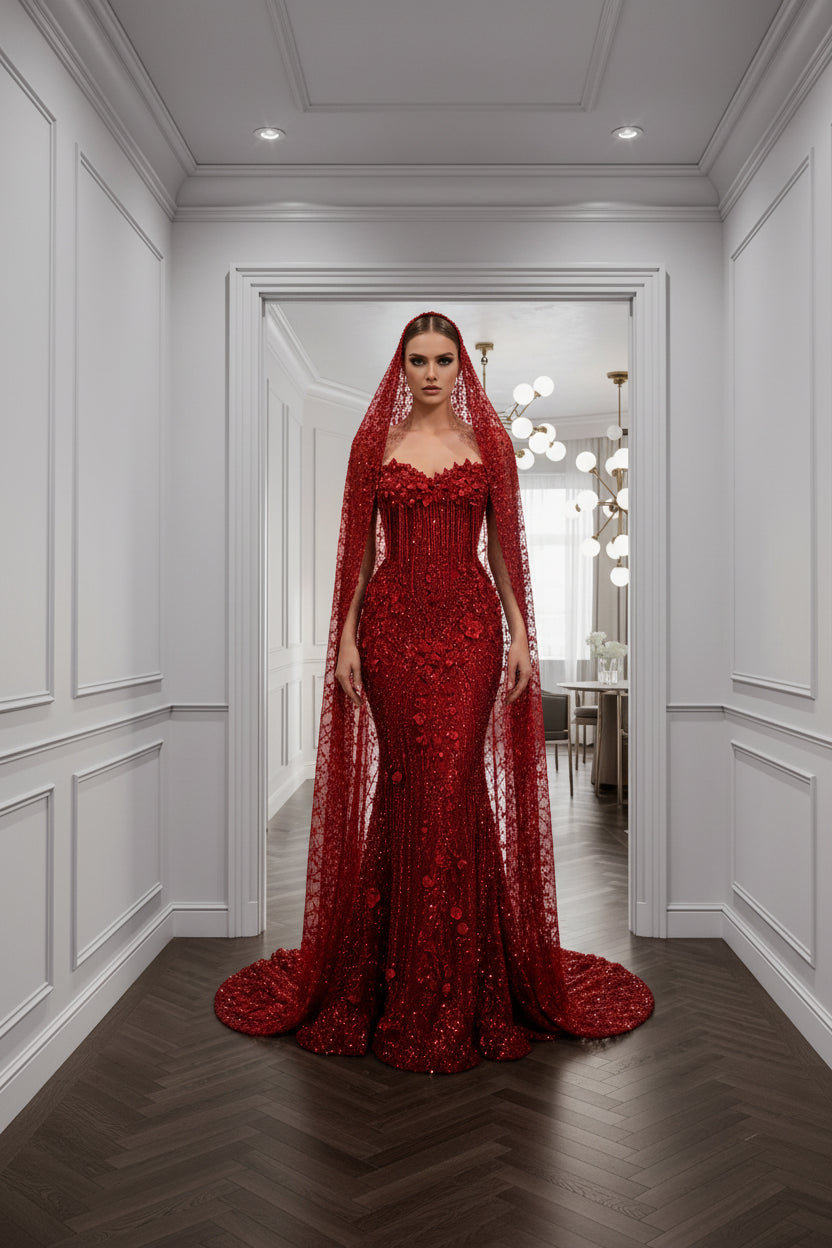 Red lace dress on a mannequin in a white room with 'Singkarak Boutique Store' branding.