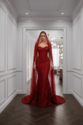 Red lace dress on a mannequin in a white room with 'Singkarak Boutique Store' branding.