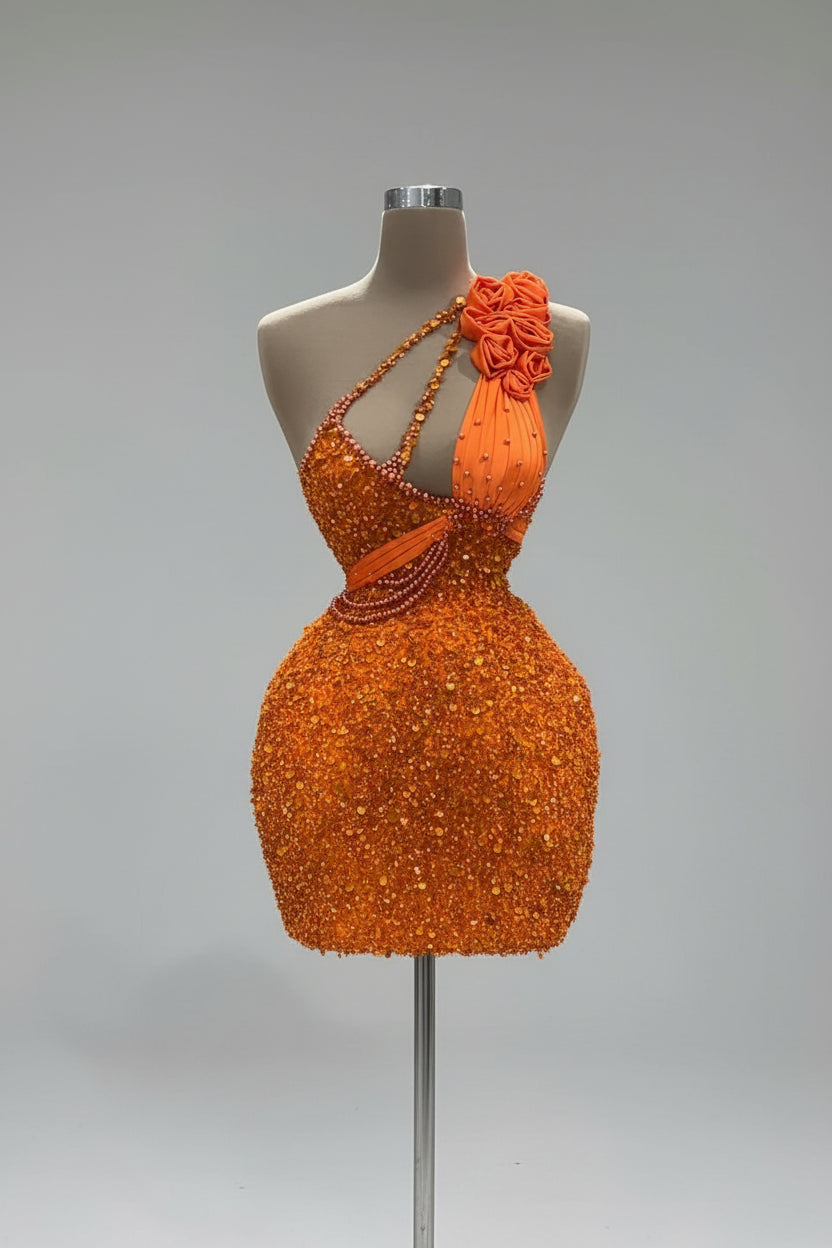 Orange beaded dress on a mannequin with a plant and blurred background