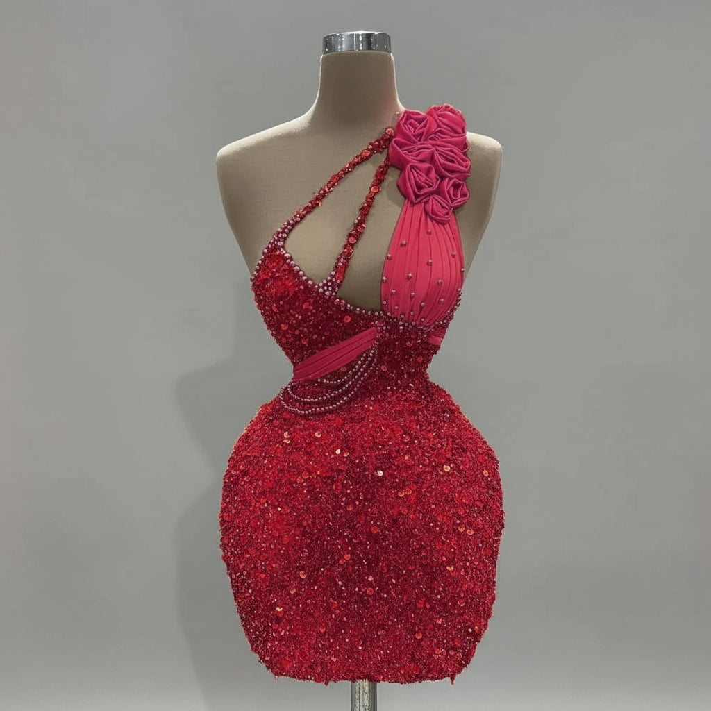 Red beaded dress on a mannequin with 'CENXUAN' branding, indoor setting.