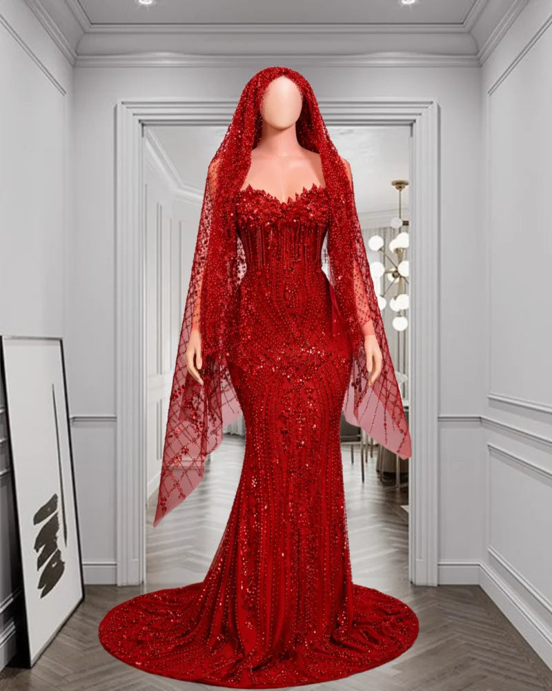 Red Rhinestone Matching Cape Veil Dress