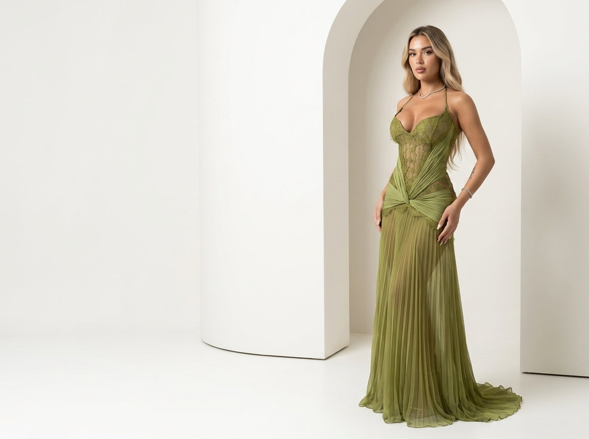 Eightree Glamorous Halter Mustard Green Gown