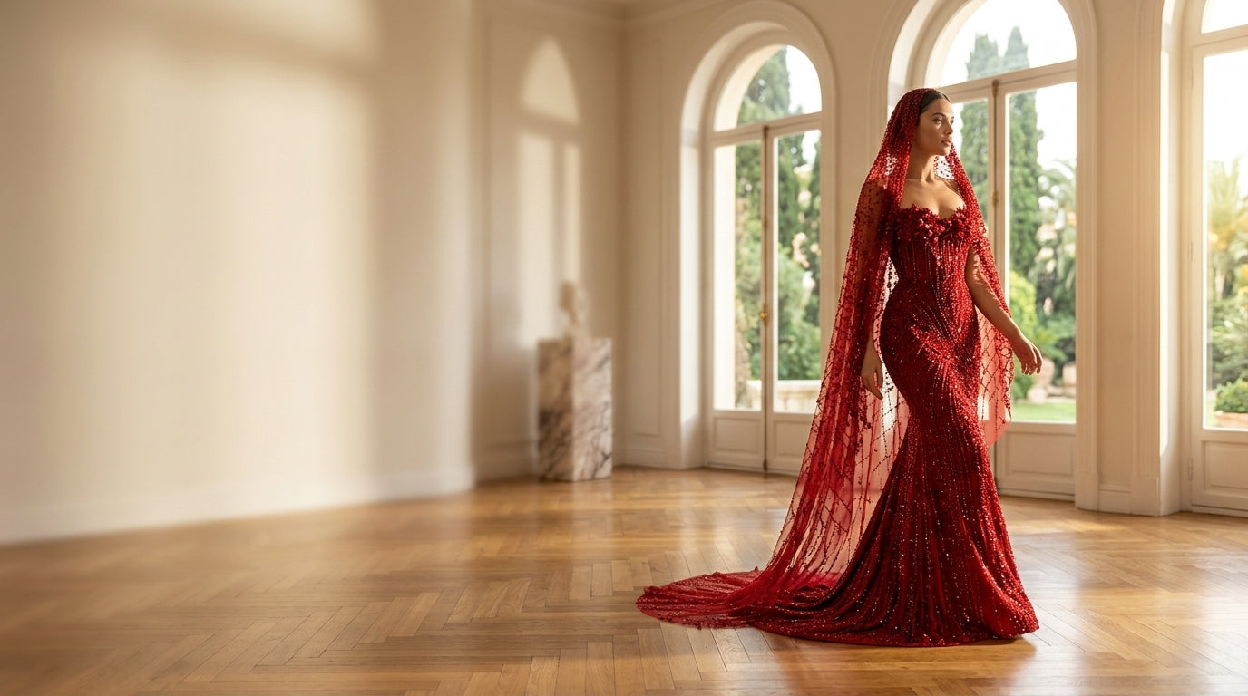 Red Rhinestone Matching Cape Veil Dress